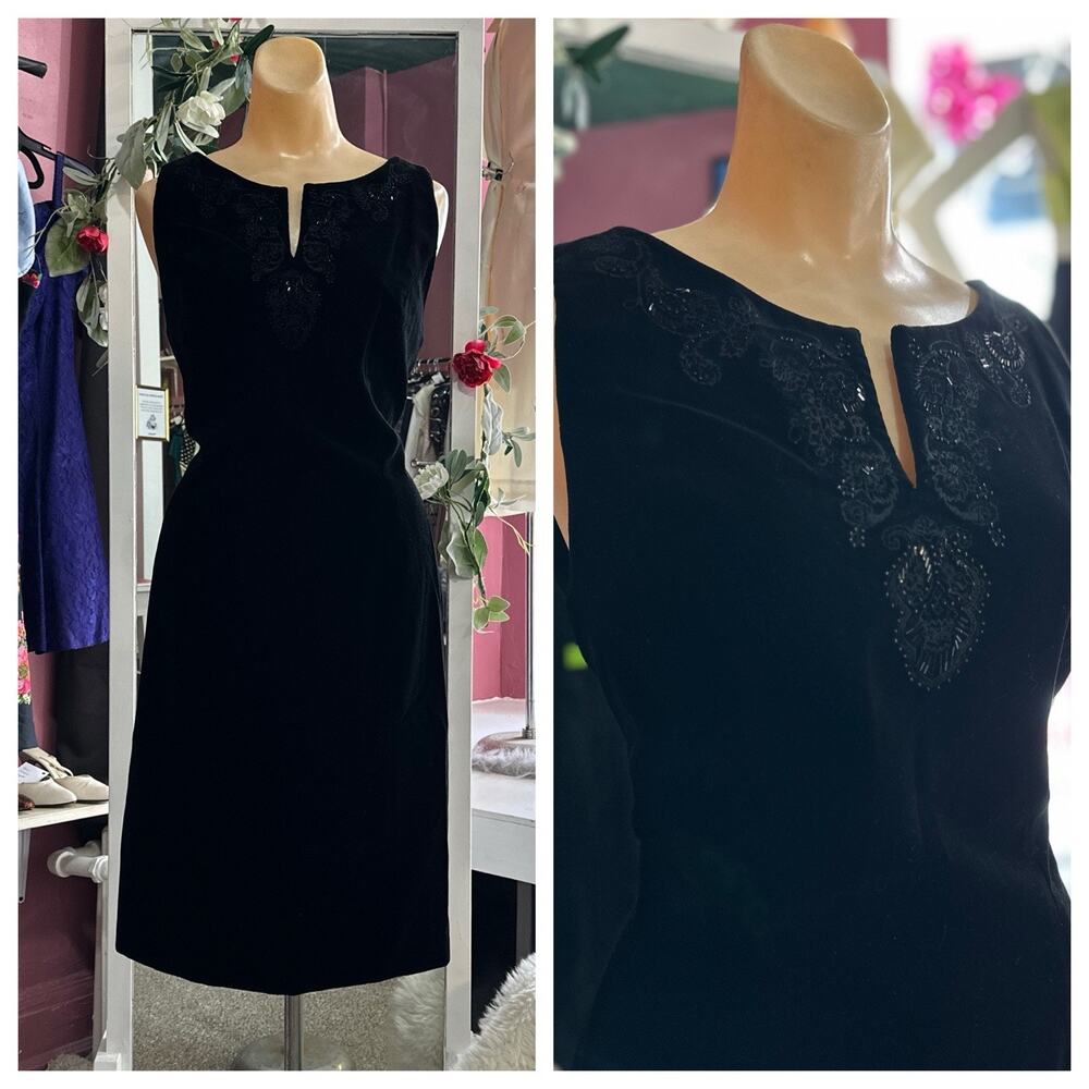 Vintage 90s Black Velvet Mini Dress Laura Ashley Beaded Cocktail Party M/L